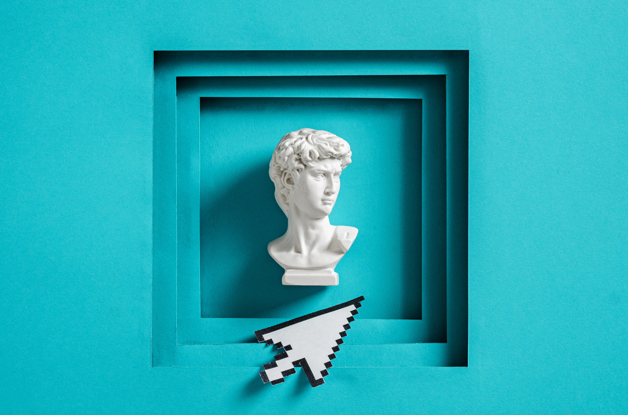 David statue and pixel mouse cursor framed in cyberpunk and vaporwave style. Minimal concept of modern technology and digital art